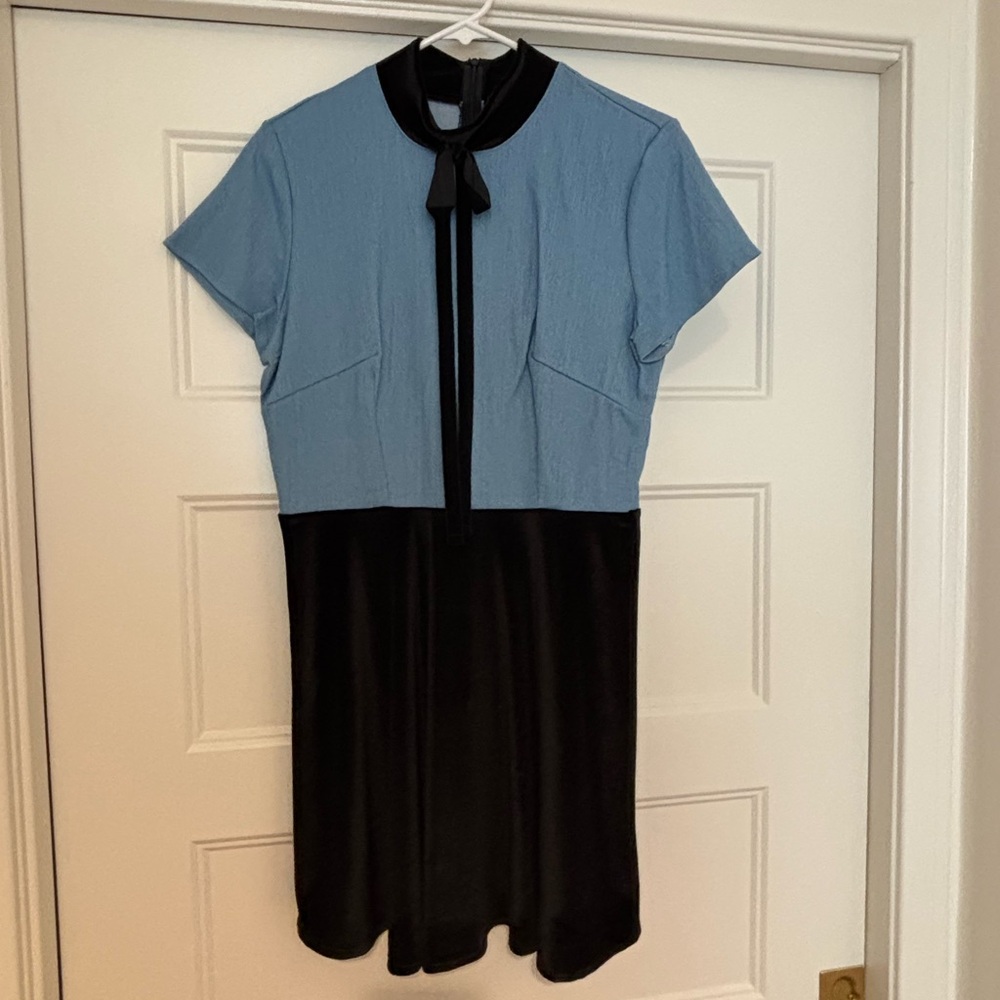 Blue and Black Sheath Midi Dress with Mock Neck